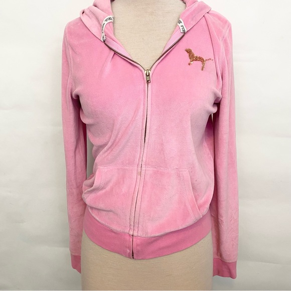 Victoria’s Secret PINK Vintage Rare Velour Full Zip Sequin Hoodie Bubblegum Pink - Picture 4 of 7